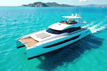 Sleek catamaran yacht glides on turquoise ocean, sky, marine
