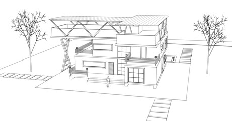 house with consoles sketch 3d illustration