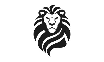 Lion logo template. Black and white silhouette of a lion's head with a detailed mane. Symmetrical logo symbolizing strength, leadership and power