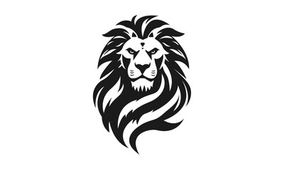 Lion logo template. Black and white silhouette of a lion's head with a detailed mane. Symmetrical logo symbolizing strength, leadership and power