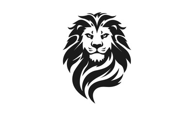 Lion logo template. Black and white silhouette of a lion's head with a detailed mane. Symmetrical logo symbolizing strength, leadership and power