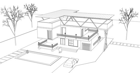 house with consoles sketch 3d illustration