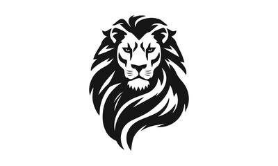 Lion logo template. Black and white silhouette of a lion's head with a detailed mane. Symmetrical logo symbolizing strength, leadership and power