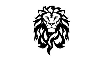 Lion logo template. Black and white silhouette of a lion's head with a detailed mane. Symmetrical logo symbolizing strength, leadership and power