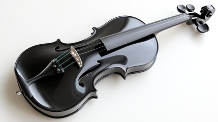 A modern black violin with a sleek matte finish and silver tuning pegs, isolated on a white background.