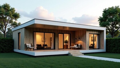 Sleek, minimalist modular home exterior Modern lines, large windows , wood, geometric