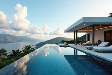 Sleek minimalist villa, infinity pool, lush landscaping, idyllic, tropical