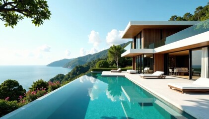Sleek minimalist villa, infinity pool, lush landscaping, contemporary architecture, garden