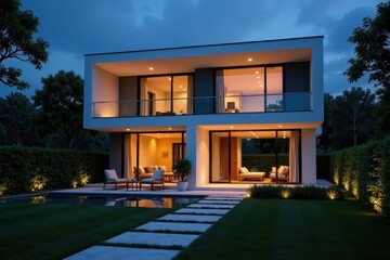 Sleek modern home, illuminated garden at night , bright, evening