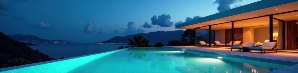 Sleek modern home, infinity pool glowing at night, pool lights, luxury