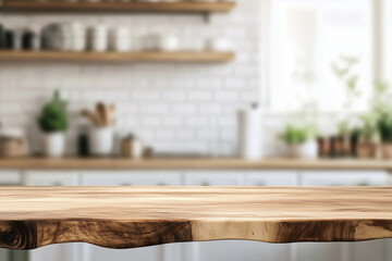 Wood table top on blurred kitchen background