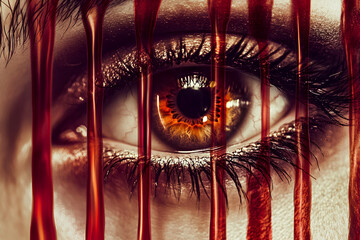 A dramatic close-up of a beautiful woman's eye with blood drops, capturing an eerie Halloween vibe and a spooky, haunting atmosphere