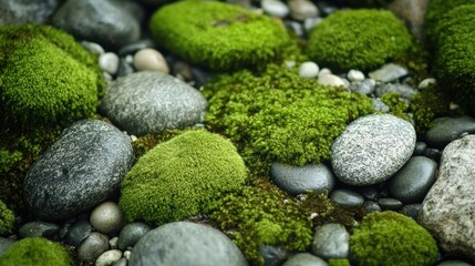Smooth and rough stones covered in vibrant moss growing in a serene natural setting, showcasing the beauty of nature's textures during daylight