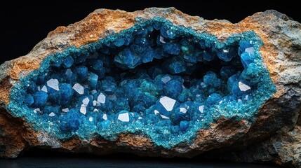 Geode of vibrant blue crystals in earthy matrix