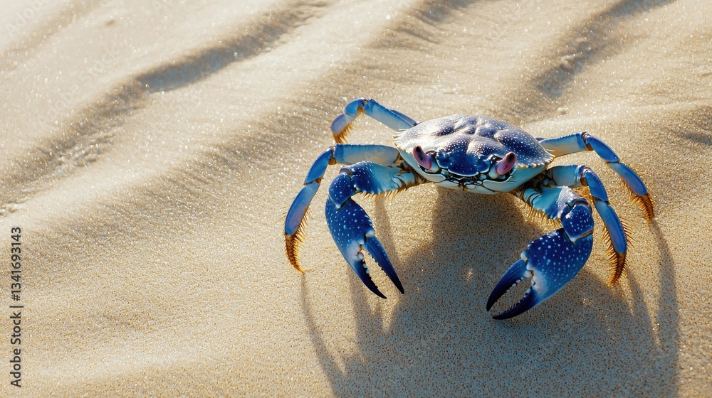 Poster a blue crab isolated on a sandy beige background with soft shadows.