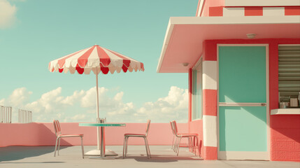 Colorful Diner Restaurant exterior outdoor patio view in California in art deco diner design style. 1960s Palm springs diner restaurant booth seating design