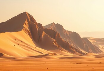 Fototapeta premium Towering Arabian sand dunes, sculpted by wind, vast expanse of ochre sand under a clear sky, heat, empty quarter