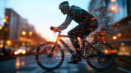 Silhouette of a cyclist against digital data streams riding through a blurred cityscape at dusk creating a dynamic fusion of technology and freedom