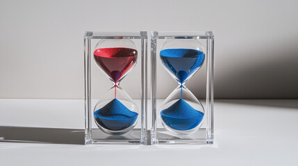 Fototapeta premium Two elegant hourglasses with red and blue sand time concept duo art life pair home flow timer clock