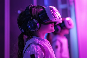 a young girl experiencing the exciting world of virtual reality with VR headset and headphones, exploring immersive technology