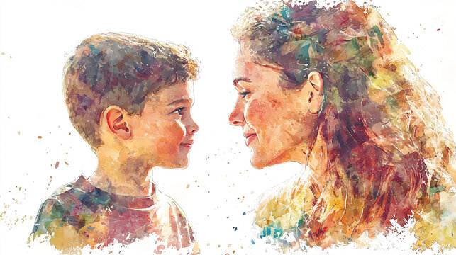 Tender watercolor depiction of a mother and son in a heartfelt shared moment