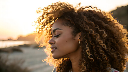 A woman with low porosity hair, defined and shiny curls