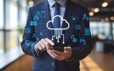 Business Cloud Data Management. businessman using a smartphone with a glowing holographic cloud icon &ndash; Secure Cloud Storage & Synchronization, business cloud, cloud storage, data synchronization, 

