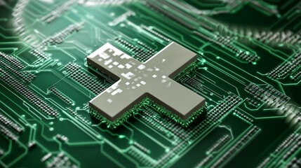 Grey Cross Symbol on Green Circuit Board, 3D Render