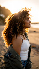 A woman with low porosity hair, defined and shiny curls