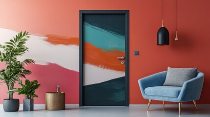 Modern decorative door contemporary living room interior design vibrant color scheme wide angle aesthetic appeal