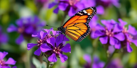 Obraz premium A Monarch butterfly delicately perched on a vibrant purple violet, wings spread, vibrant, outdoor