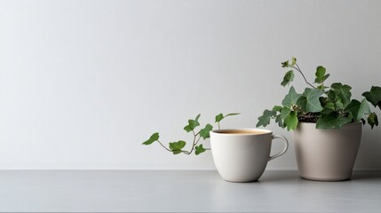 Fototapeta premium A modern minimalist coffee cup sitting next to a tiny potted ivy plant, arranged on a light gray countertop