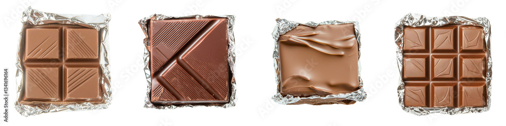 Aufkleber on a transparent background, a square of milk chocolate wrapped in shiny white foil is isolated, gen
