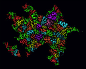 Azerbaijan Word Cloud. Region names of the country in Azerbaijani language. Bright neon style design on dark background. Azerbaijan shape with administrative division. Artistic vector illustration.