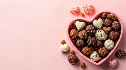 Obraz premium A delightful pink heart-shaped box overflowing with assorted chocolates and pink heart-shaped candies against a matching pink background for love celebrations