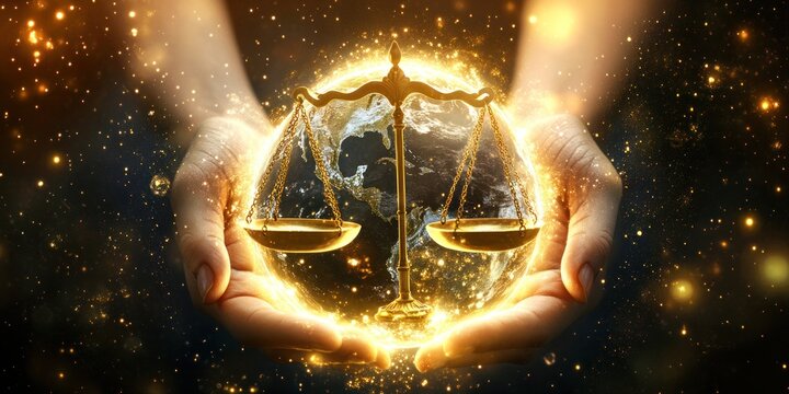 Justice Scales Held in Hands, Global Balance, Divine Light