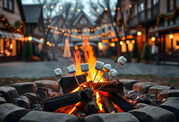Marshmallows are burned on a campfire in the village square with autumn decorations