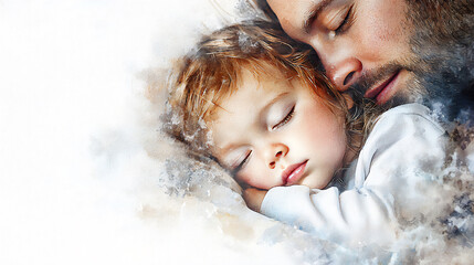 Restful watercolor image of a child sleeping peacefully on their parents' bed