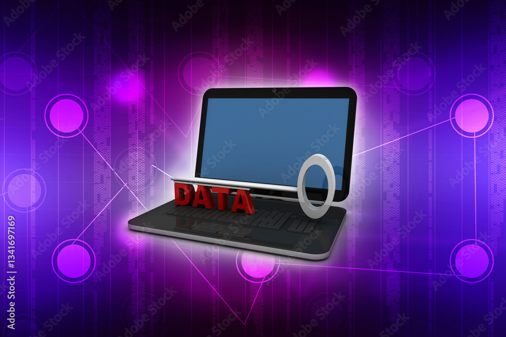 Poster 3d rendering data with key on laptop