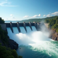 Fototapeta premium Hydroelectric dam with powerful water currents, concept of renewable energy.