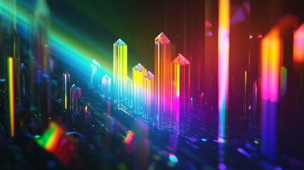 Vibrant Rainbow Crystal Cityscape Glowing with Light Beams