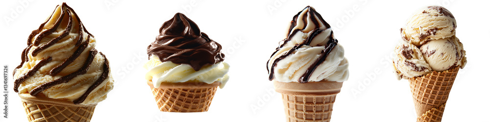Poster on a transparent background, generative ai has isolated a waffle cone containing chocolate and vanil