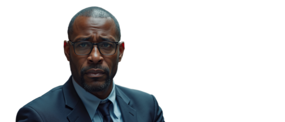 Black short hair man in formal attire with glasses showing confidence in a professional setting