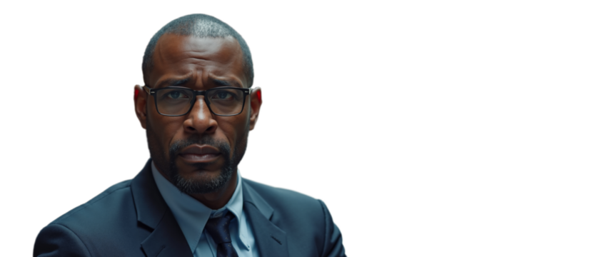 Black short hair man in formal attire with glasses showing confidence in a professional setting