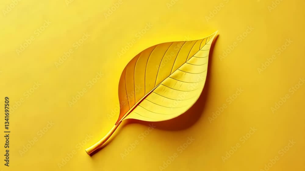 Poster a yellow leaf is on a yellow background. the leaf is thin and has a stem. the background is yellow a