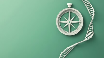 White Compass and DNA Helix on Green Background A Medical Concept