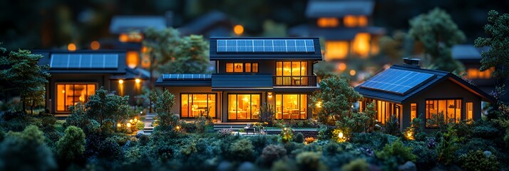 Obraz premium Stunning Modern Houses with Solar Panels Surrounded by Lush Greenery at Dusk