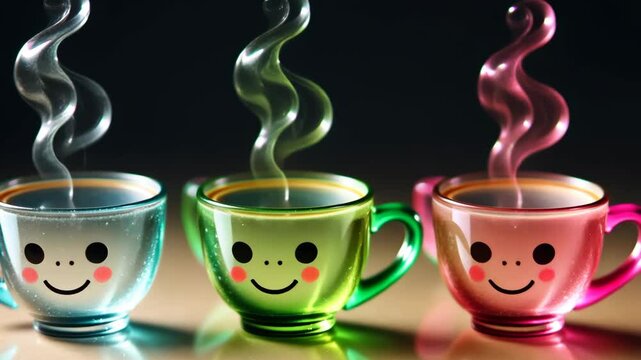 Three cups with smiling faces on them. One is green, one is blue, and one is pink
