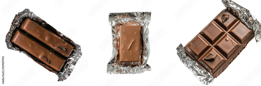 Poster isolated on a transparent background is a dark chocolate bar wrapped in shiny white foil, a creation
