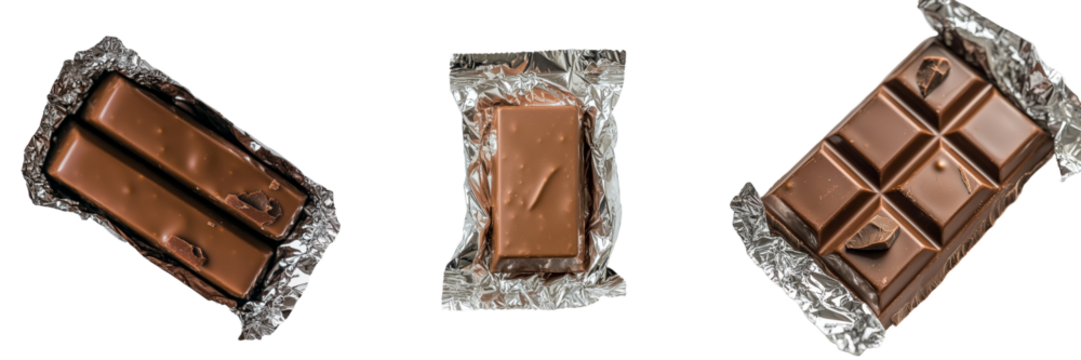Isolated on a transparent background is a dark chocolate bar wrapped in shiny white foil, a creation of Generative Ai - Powered by Adobe